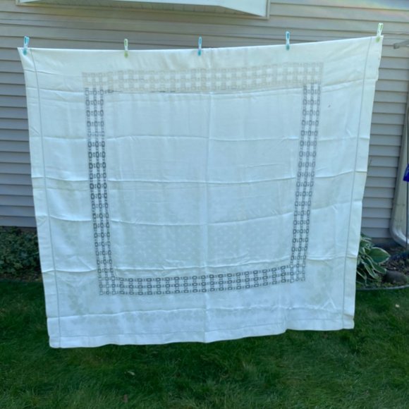 Vintage Farmhouse Tablecloth Crocheted White Heavy 65x67" - Picture 1 of 12